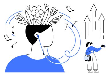 Kulaklıklı ve kafasından filizlenen bitkiler olan biri. Müzik notaları ve büyüyen oklar. Yaratıcılık, hayal gücü, zihinsel sağlık, müzik, büyüme, kendini geliştirme için idealdir. Soyut çizgi