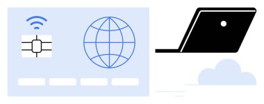 Akıllı kart çipi, kablosuz sinyal, dünya grafiği ve bulut üzerinde dizüstü bilgisayar. Siber güvenlik, dijital kimlik, çevrimiçi işlemler, küresel bağlantı, bulut hizmetleri fintech veri gizliliği için ideal