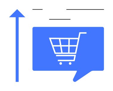 Shopping cart icon within a blue chat bubble next to an upward arrow symbolizing growth and progress. Ideal for e-commerce, online shopping, market analysis, sales increase, business growth, digital