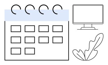Bir bilgisayar monitörü ve bitki yaprağı eşliğinde birden fazla tarihli bir takvim. Zamanlama, verimlilik, organizasyon, zaman yönetimi, uzaktan çalışma, planlama ve iş akışı optimizasyonu için ideal