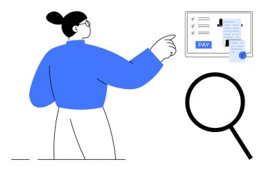 Mavi kıyafetli biri yakınlarda bir büyüteçle ödeme ekranını işaret ediyor. Finans, çevrimiçi ödemeler, e-ticaret, dijital işlemler, fatura yönetimi için ideal