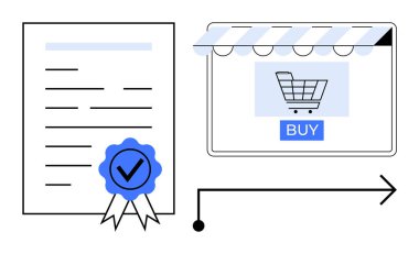 Mavi kurdeleli ve işaretli belgeler, alışveriş arabalı tableti gösteren ok ve satın alma düğmesi. E-ticaret, sertifika, satın alma, çevrimiçi güvenlik, dijital işlemler, güven için ideal