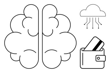 Beyin çizimi, devreli bulut, kartlı cüzdan. Teknolojik yenilik için ideal, yapay zeka, bulut depolama, nörobilim, dijital ödemeler gelecekteki teknolojik gelişmeler için. Satır metaforu