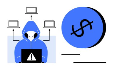 Kapüşonlu bilgisayar korsanı birden fazla dizüstü bilgisayara bağlı, içinde maddi tehditleri temsil eden bir dolar işareti olan bir bilgisayar kullanıyor. Siber güvenlik, hackleme, çevrimiçi dolandırıcılık, internet güvenliği ve veri için ideal