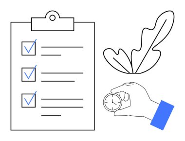 Mavi işaretli panodaki kontrol listesi, mavi kollu kronometre, dekoratif yaprak. Üretkenlik, organizasyon, verimlilik, zaman yönetimi, görev izleme, planlama için ideal