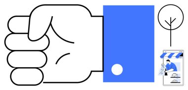 Mavi kollu yumruk, minimalist ağaç ve insan ve alışveriş arabasıyla çevrimiçi alışveriş penceresi. Eylemcilik, kararlılık, çevre, dijital alışveriş, büyüme temaları için ideal