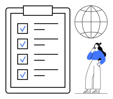 Görevlerin yanında kontrol işaretleri olan büyük bir pano, düşünceli bir kadın, yukarıdaki dünya sembolü. Küresel proje yönetimi, stratejik planlama, görev örgütü, iş amaçları için ideal