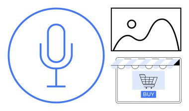 Ses girişi için mikrofon, resim galerisi ikonu ve satın alma düğmeli online alışveriş arabası. E-ticaret arayüzleri, sesli arama, çevrimiçi perakende, dijital galeriler, kullanıcı etkileşimi, web için ideal