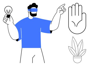 Ampul tutan VR kulaklık takan bir adam, bir avuç içi ve bitkinin yanına uzanmış bir elle öne bakıyor. Teknoloji, yenilik, sanal gerçeklik, gelecek, yaratıcılık, jest için ideal