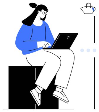 Dizüstü bilgisayarda çalışan bir kadın, bir blokta oturuyor. Yakınlarda bir alışveriş çantası var. Uzaktan çalışma, e-ticaret, dijital göçmenlik, çevrimiçi öğrenme, iş-yaşam dengesi üretkenlik teknolojisi için idealdir. Soyut çizgi