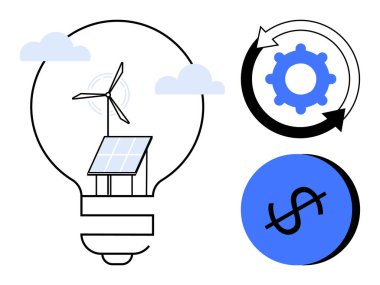 Rüzgar türbini ve güneş paneli içeren ampul. Yakınlarda, dairesel oklu mavi dişli bir ikon ve dolar işaretli mavi bir daire. Sürdürülebilirlik için ideal, yeşil teknoloji, çevre dostu