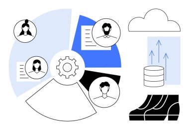 Bir dişli, dokümanlar, pasta grafiği, bulut simgesi ve veritabanındaki dairesel segmentler işbirliği, veri yönetimi ve teknolojiyi sembolize eder. Takım çalışması ve bulut hesaplama verileri için ideal