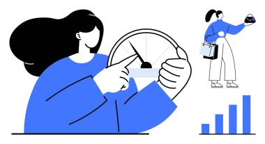 Kadın hızlı arama ayarlıyor. Diğerinde de alışveriş poşetleri ve hediye var. Büyüme grafiği ilerlemeyi gösteriyor. İş, pazarlama, e-ticaret, performans takibi, tüketici davranışı, iş büyümesi için ideal