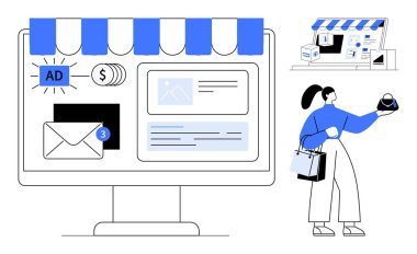 Alışveriş torbaları ve akıllı telefonları internet mağazası önünde tutan müşteriler, reklamlar ve e-posta bildirimleri. E-ticaret, çevrimiçi satışlar, dijital pazarlama kampanyaları için ideal