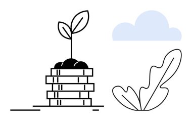 Yığılmış sikkelerden filizlenen genç bitki büyümeyi temsil ediyor. Büyük bir yaprak ve bulut doğayı ve potansiyeli sembolize eder. Sürdürülebilirlik, yatırım, büyüme, çevre, gelecek, refah için ideal