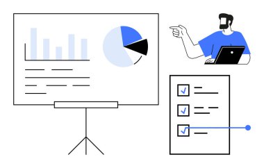 Bilgisayarlı veri sunan adam, ekrandaki grafiklere çubuk grafik, pasta grafiği ve beyaz tahtadaki kontrol listesi ile işaret ediyor. Sunumlar, takım toplantıları, veri analizi, proje yönetimi için ideal