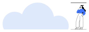 Mavi tişörtlü ve beyaz pantolonlu kişi büyük mavi bulut şeklinin yanında düşünceli bir şekilde duruyor. Yaratıcılık, tefekkür, yenilik, hayal gücü, bulut hesaplama, dijital temalar için ideal