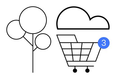 Basit bir ağaç ve bulut yanında bir alışveriş arabası ve mavi bir bildirim balonuyla 3 numarayı gösteriyor. E-ticaret için ideal, çevresel etki, bulut hesaplama, çevrimiçi alışveriş, dijital
