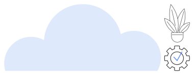 Büyük mavi bulut, bitki büyümeyi ve üretim işaretini sembolize ediyor. Bulut depolama, büyüme, üretkenlik, doğa, verimlilik, teknoloji, sürdürülebilirlik temaları için ideal