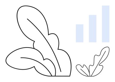 Daha küçük bir yaprağa bitişik büyük ve soyut yapraklar. Mavi sütunlu yükselen çubuk grafiği. Büyüme, gelişme, gelişme, doğa, sürdürülebilirlik, iş ve başarı temaları için ideal. Temiz