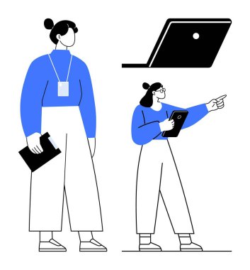 Kadın profesyonel, teknoloji ile etkileşim halindeyken pano, rozet ve tablet tutuyor. İş, teknoloji, yönetim, takım çalışması, verimlilik uzaktan eğitim için idealdir. Temiz çizgiler