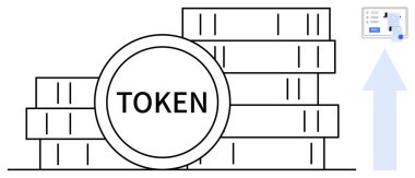 Yükselen bir ok ve büyümeyi gösteren veri tablosu ile etiketlenmiş para yığınları. Finansal teknoloji, yatırımlar, kripto para birimi, blok zinciri, dijital varlıklar, ekonomik büyüme ve