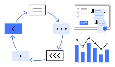 Çeşitli elementleri birbirine bağlayan oklarla döngü süreci, dijital ödeme makbuzu ve analitiği gösteren veri noktalarıyla çubuk grafiği. İş akışı, otomasyon, veri analizi ve finans için ideal