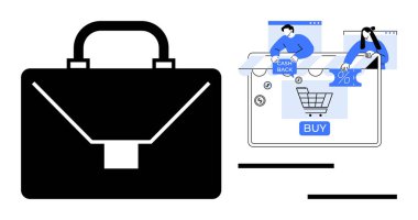 Çevrimiçi alışveriş arayüzü ile etkileşen insanların dijital bir illüstrasyonunun yanında tokalı siyah bir çanta. İş, e-ticaret, finans, pazarlama, teknoloji, perakende ve çevrimiçi için ideal