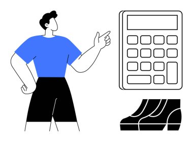 Sağ eliyle büyük bir hesap makinesine doğru el kol hareketi yapan kişi, aşağıda bir yığın kitap var. Eğitim, finans, muhasebe, öğrenim, öğrenim, iş planlama ve teknoloji konuları için idealdir. Soyut çizgi