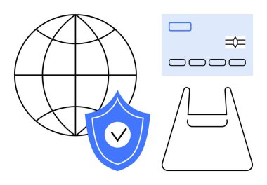 Küre, işaretli kalkan, kredi kartı, alışveriş çantası dijital dünyadaki güvenliği ön plana çıkarıyor. Konular için ideal başlıklar çevrimiçi alışveriş, e-ticaret, siber güvenlik, veri koruması, küresel ticaret