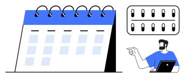 Spiral takvim, işaretli günler, dizüstü bilgisayarı olan biri. Zaman yönetimi, planlama, düzenleme, planlama, toplantılar için idealdir. Proje tarihlerini hatırlatır. Basit soyut çizgi düz