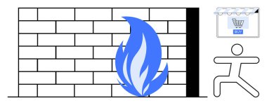 Alışveriş arabası ikonu tuğla güvenlik duvarının yanında mavi bir alev ve çalışan figür işareti. Çevrimiçi güvenlik, ekommerce güvenliği, veri koruması, siber tehditler, güvenli işlemler, İnternet güvenliği için ideal