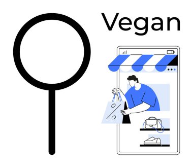 Büyüteç, telefondan alışveriş yapan biri. Vejetaryen ürünler, e-ticaret, çevrimiçi alışveriş, perakende, tüketici davranışı, dijital pazarlama, müşteri memnuniyeti kavramı için ideal