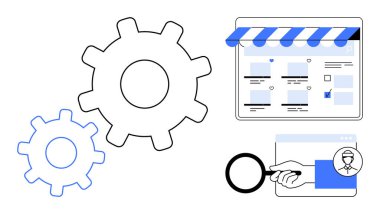 Çevrimiçi bir atölye arayüzü, arama özelliklerini gösteren bir büyüteç ve veri analizi ile optimizasyonu temsil eden dişliler. Dijital pazarlama, e-ticaret, SEO, analitik ve süreç için ideal
