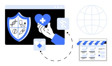 Tıbbi simgelerle kalkan, haçlı el ele tutuşan kalp, küre ve web sayfası. Teletıp için ideal, çevrimiçi sağlık hizmetleri, sağlık sigortası, küresel bağlantı, dijital sağlık tele sağlık