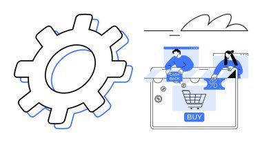 Kullanıcı, nakit para ve indirim simgeleriyle çevrimiçi bir alışveriş kontrol sayfasının yanında vites sembolü. E-ticaret, teknoloji, finans, pazarlama, müşteri sadakati, çevrimiçi alışveriş yeniliği için ideal