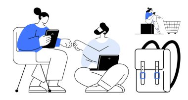 İki karakter tablet ve dizüstü bilgisayar kullanarak etkileşime giriyor. Üçüncü karakter alışveriş arabasında oturuyor. Bir sırt çantası duruyor. Teknoloji, takım çalışması, çevrimiçi alışveriş, eğitim, seyahat, uzaktan çalışma ve yenilik için ideal