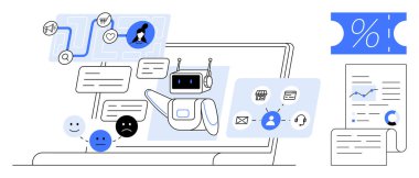 Yapay zeka sohbet robotu dizüstü bilgisayardaki kullanıcılarla etkileşimde, verileri grafikler ve grafiklerle analiz ediyor, farklı kullanıcı duyguları var. Müşteri hizmetleri, teknik destek, yapay zeka, veri analizi, kullanıcı deneyimi için ideal