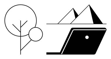 Piramitleri gösteren dizüstü bilgisayarın yanındaki ağaç soyut çizgisi. Doğa, teknoloji, denge, basitlik, modernlik, eğitim ve seyahat için idealdir. Soyut çizgi düz metafor