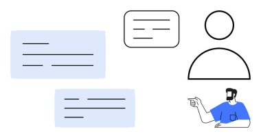 Konuşma balonlarıyla çevrili kullanıcı simgesi ve kişi etkileşim ve tartışma öneriyor. Kullanıcı geribildirimi, iletişim, sosyal medya, müşteri hizmetleri, kullanıcı arayüzü tasarımı için ideal
