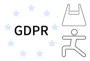 GDPR harfleri 8 yıldızla çevrili, koruyucu duruş içinde bir çubuk figürünün üzerinde bir kalkan. Veri gizliliği, güvenlik, uyum, yönetmelikler, tüketici hakları, çevrimiçi güvenlik, yasal çerçeve için ideal