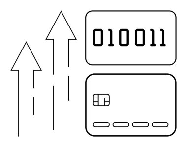 Dikdörtgen üzerinde ikili kod ve yukarı doğru oklu bir kredi kartı finansal büyümeyi gösteriyor. Fintech, e-ticaret, çevrimiçi bankacılık, dijital işlemler, finansal teknoloji, ekonomik
