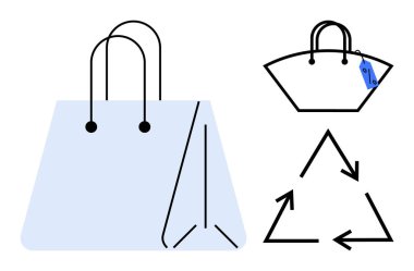 Birinde etiket, diğerinde de geri dönüşüm simgesi olan minimalist tarzda alışveriş torbaları. Çevre dostu ürünler, sürdürülebilirlik, perakende, geri dönüşüm, tüketici alışkanlıkları, çevre koruma