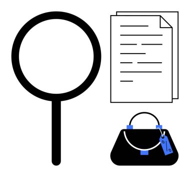 Büyüteç etiketli el çantasının yanındaki belgeleri inceliyor. Araştırma, araştırma, güvenlik, belge, analiz, kolluk kuvvetleri ve denetleme için ideal. Siyah ve mavi soyut çizgi düz