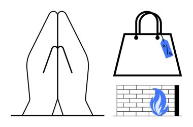 Dua eden eller, etiketli bir alışveriş çantası ve mavi alevli tuğla bir duvar. Maneviyat, ticaret, inşaat, enerji, minimalizm, ihtiyaçların ikiliği için ideal. Parlak aksanlı siyah beyaz.