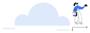 Elinde kahve poşeti olan bir kadın büyük bir bulut ve sağ tarafı işaret eden okun yanında duruyor. Veri transferi, bulut hesaplama, dijital bağlantı, teknoloji entegrasyonu, uzaktan çalışma, modern