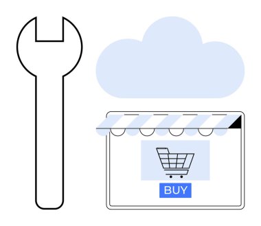 Büyük anahtar ve bulut simgesinin bitişiğindeki mağaza vitrininin altında satın alma düğmesi olan çevrimiçi mağaza ekranı. Ecommerce, online alışveriş, bulut hizmetleri, mağaza yönetimi, dijital araçlar, bilişim