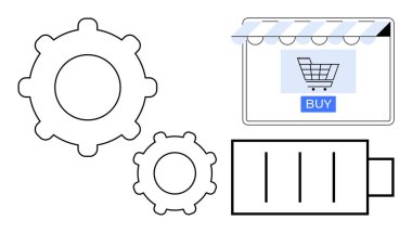 Birbirine kenetlenmiş iki vites, alışveriş arabalı bir pencere, satın alma düğmesi ve pil simgesi. E-ticaret, otomasyon, çevrimiçi alışveriş, teknoloji entegrasyonu, enerji verimliliği, dijital iş için ideal