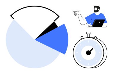 İşadamı, kronometreyle gösterilen bir pasta grafiğini analiz ediyor. Veri analizi, iş stratejisi, üretkenlik, zaman yönetimi, performans ölçümleri, verimlilik, hedef belirleme için ideal