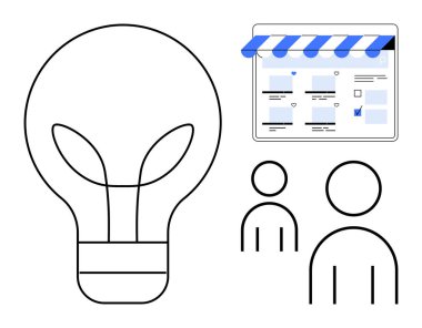 Çevrimiçi bir mağaza penceresinin yanında iki kişinin figürü olan ampul. Yenilik, e-ticaret, takım çalışması, online alışveriş, iş fikirleri, işbirliği, girişim planlaması için ideal. Soyut satır düzlüğü